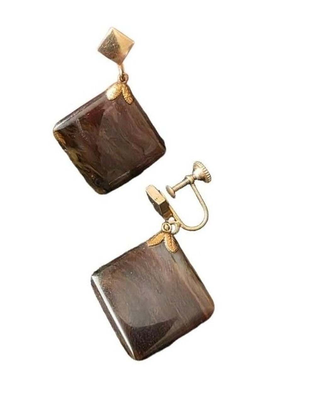 Vintage Brown Marbled Lucite Gold Tone Screw Back Dangle Earrings